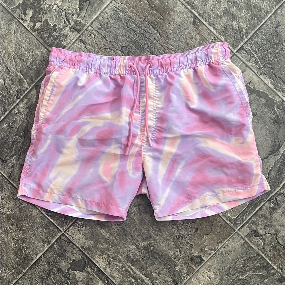 POP MAN Tie-Dye Swim Shorts Pink Purple White Pockets Beach Holiday Pool Sunny
